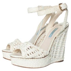 Prada, white braided leather peep toe wedge