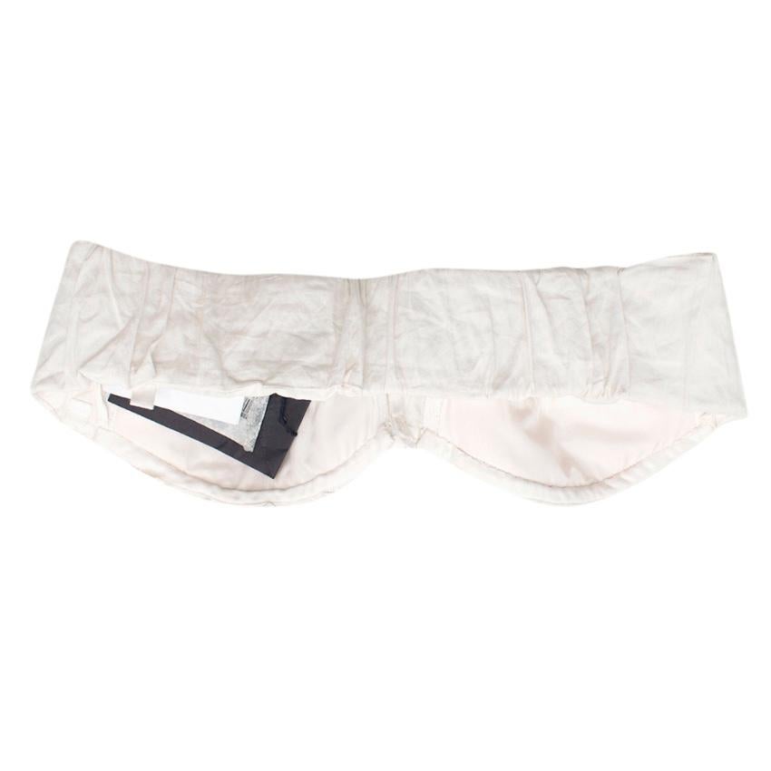 Prada Pantalone and top set 

Bottom: 
Button Down Front 
Draw String waist band and ribbon tie 
- high waisted fit 

Materials: 
72% Cotton
23% Polyamide
5% Elasthane

Top: 
Strapless
Front Button Detail 
Ribbon 
Extra Bra Pads Separate 
Stretch