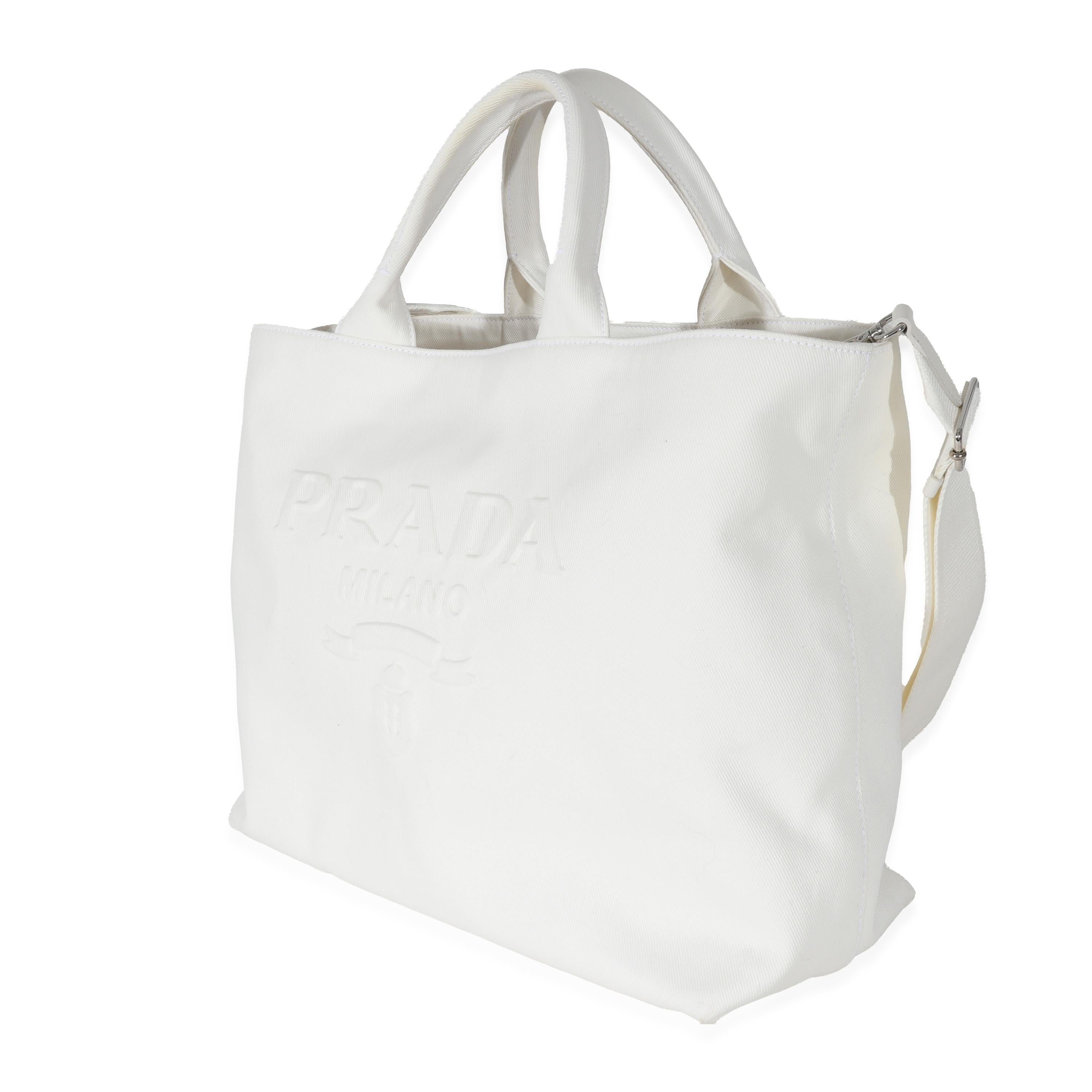 Gray Prada White Canvas Medium Embossed Drill Tote