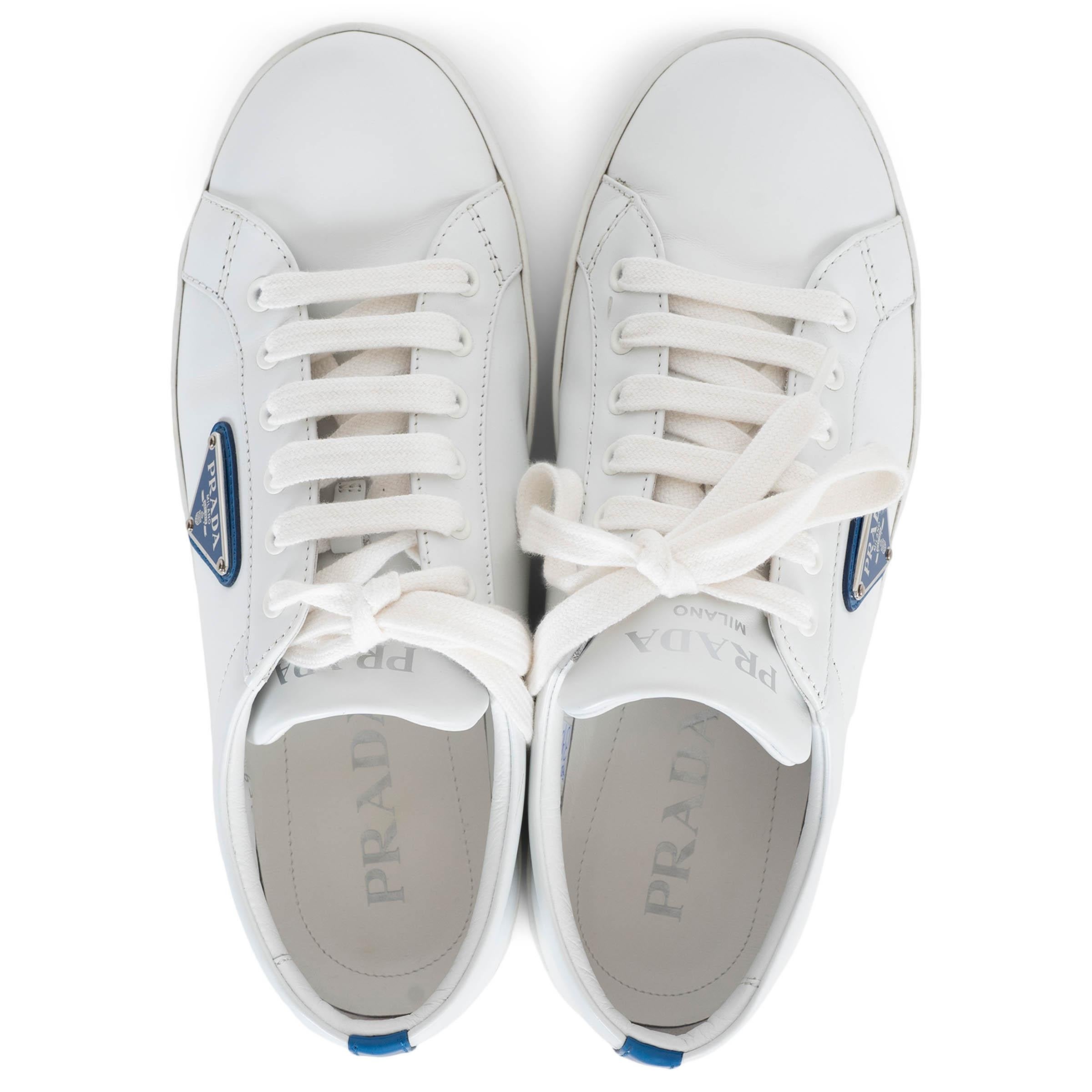 PRADA weiß & kobalt leder 2022 LANE Turnschuhe Schuhe 38 Damen im Angebot