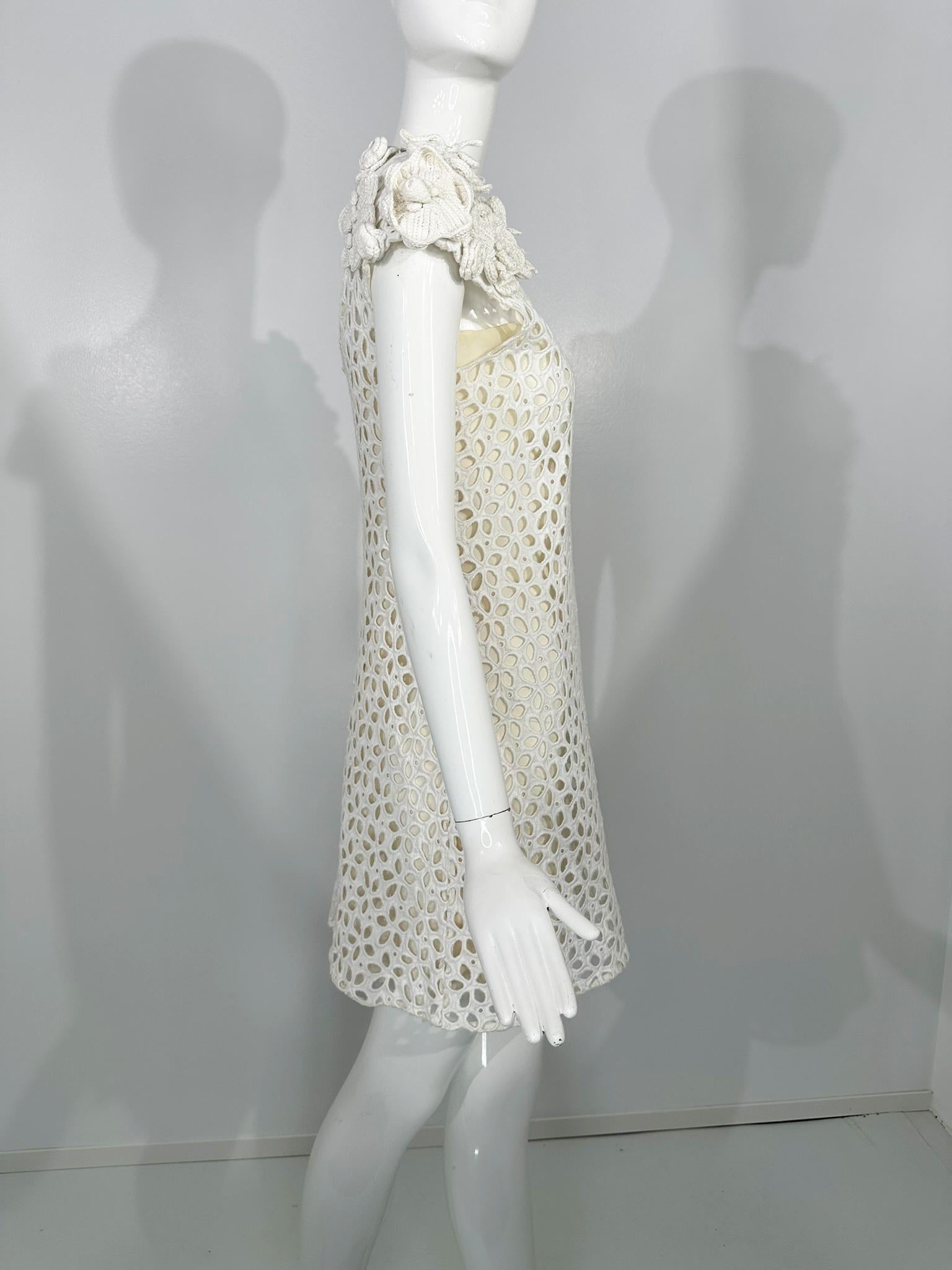 Prada White Cotton Eyelet Mini Dress with Irish Crochet Cap Shoulders For Sale 8