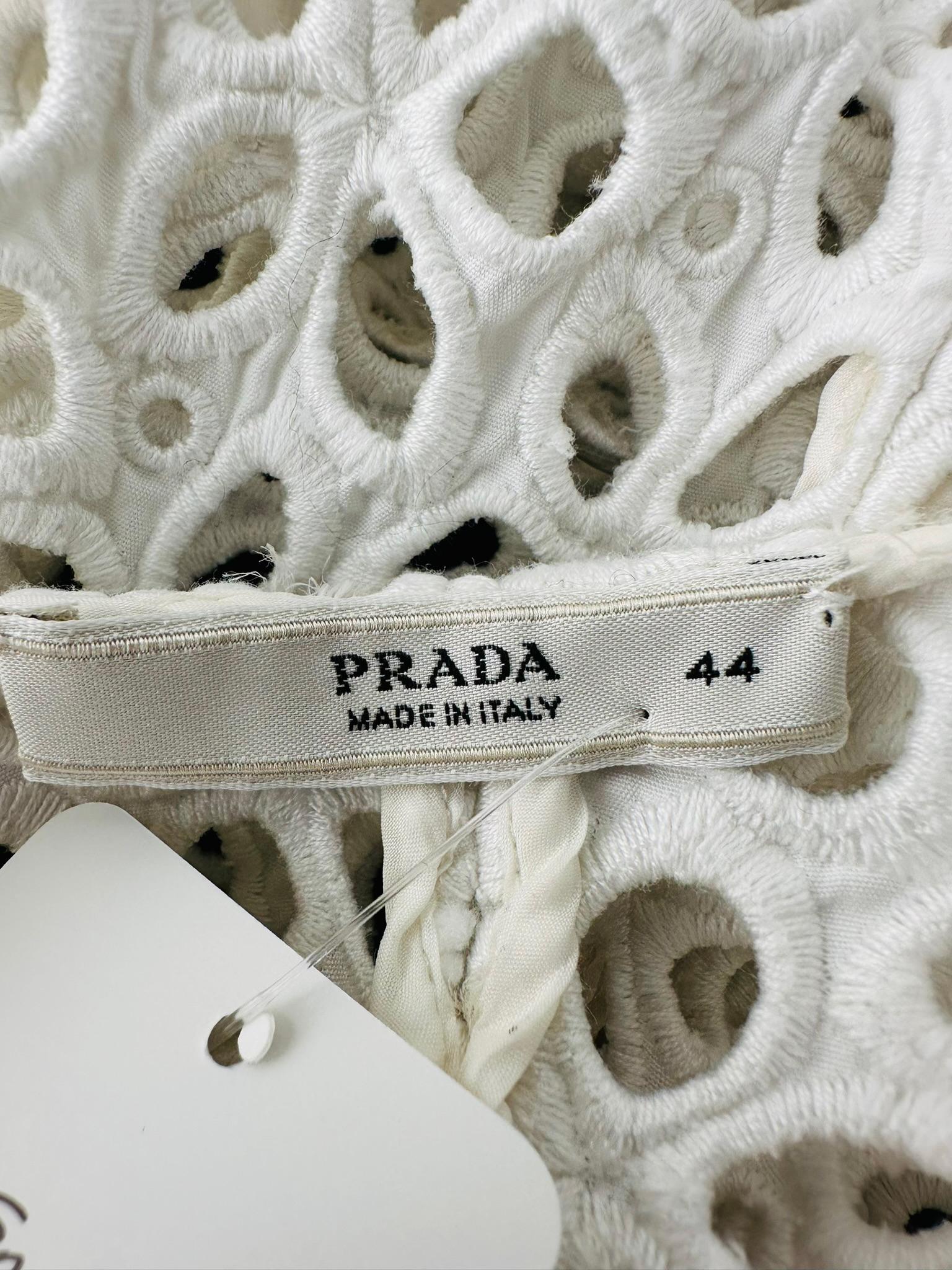 Prada White Cotton Eyelet Mini Dress with Irish Crochet Cap Shoulders For Sale 13