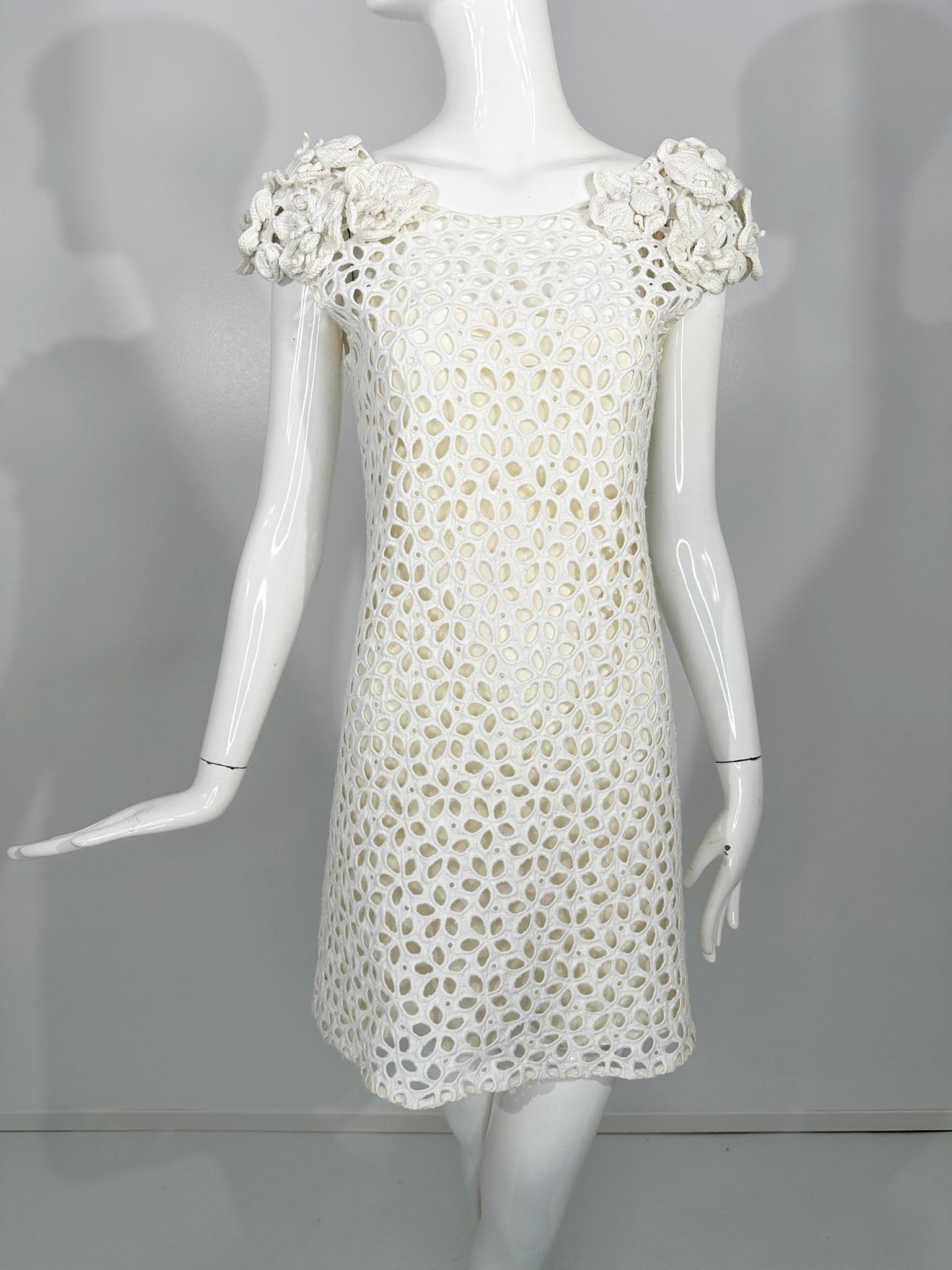 Gray Prada White Cotton Eyelet Mini Dress with Irish Crochet Cap Shoulders For Sale