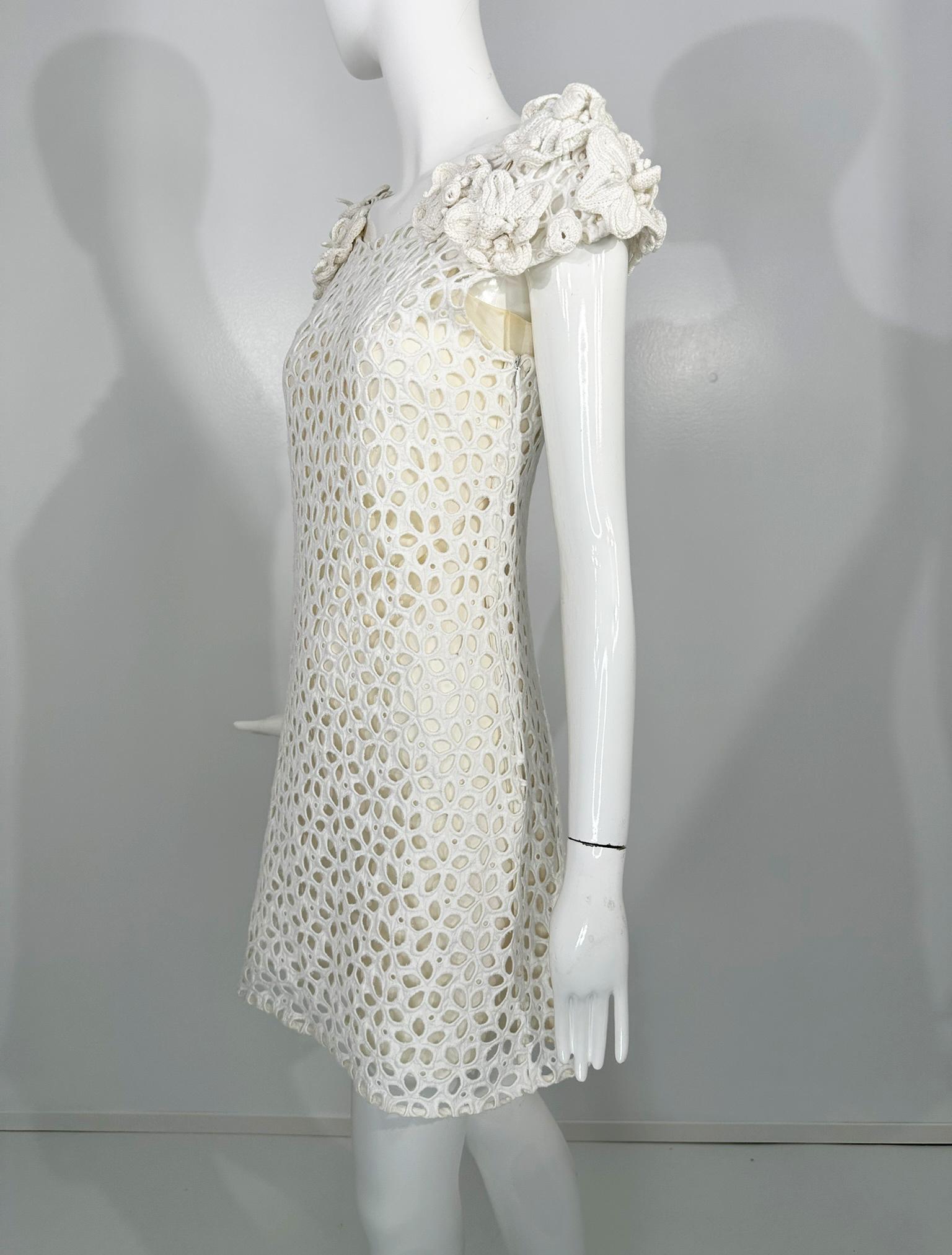 Prada White Cotton Eyelet Mini Dress with Irish Crochet Cap Shoulders For Sale 1