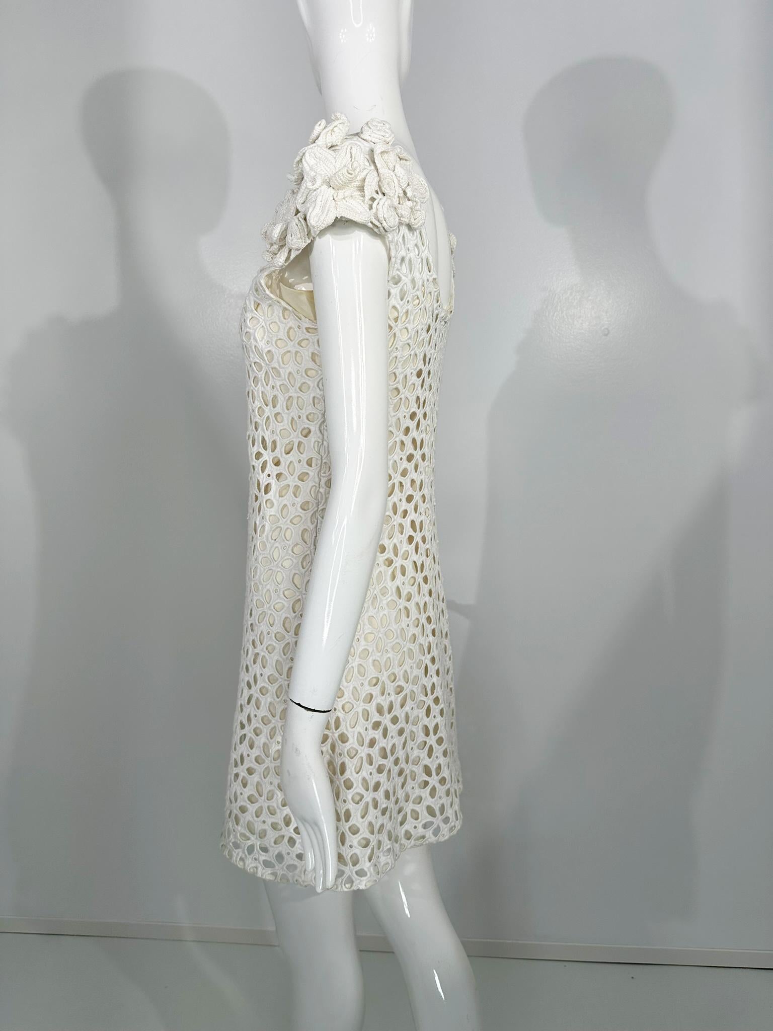 Prada White Cotton Eyelet Mini Dress with Irish Crochet Cap Shoulders For Sale 3