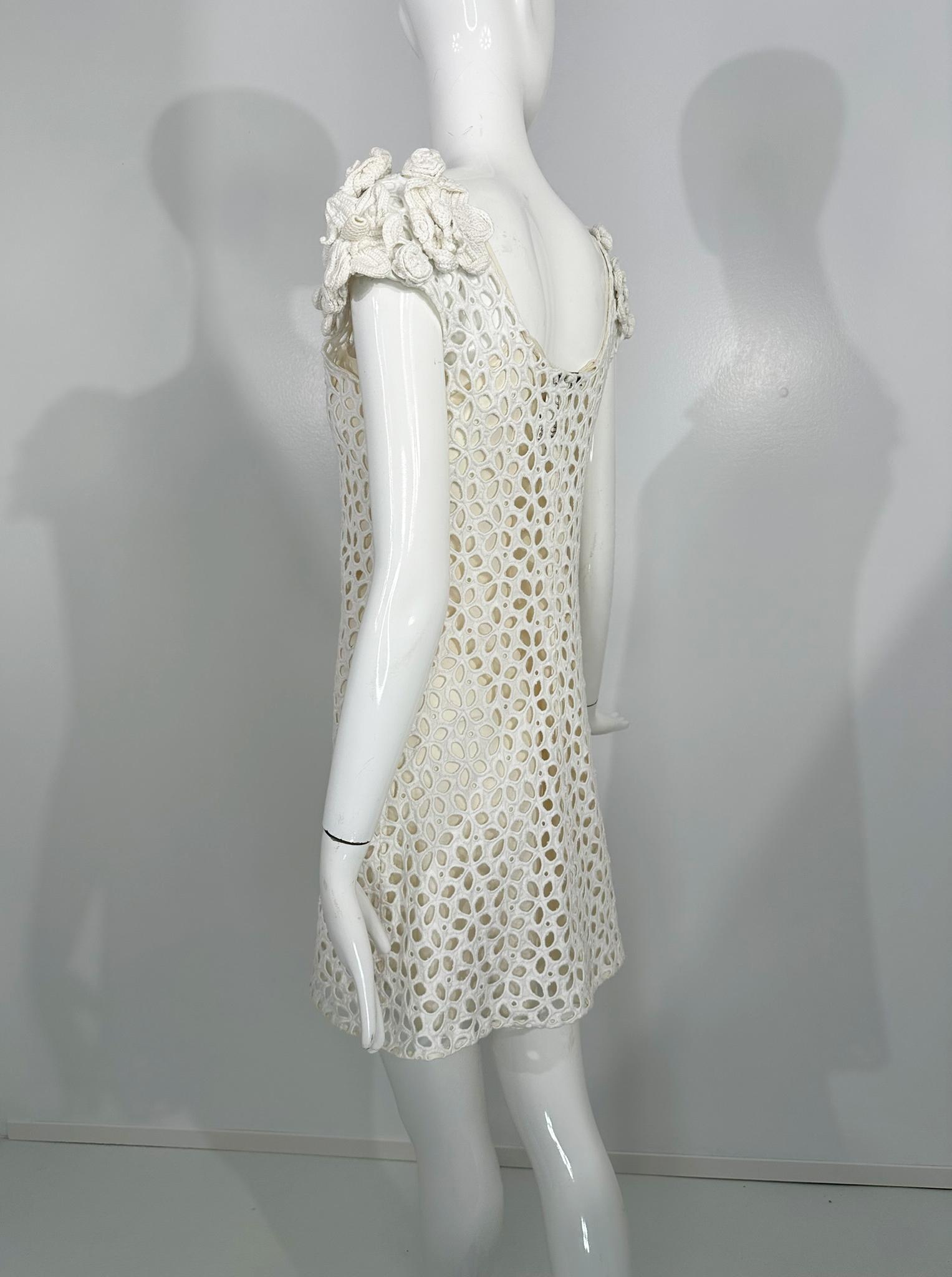 Prada White Cotton Eyelet Mini Dress with Irish Crochet Cap Shoulders For Sale 4
