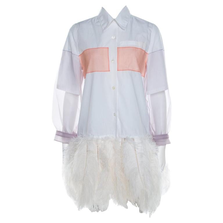 Prada White Cotton Feather-Embellished Shirt Dress S For Sale at 1stDibs