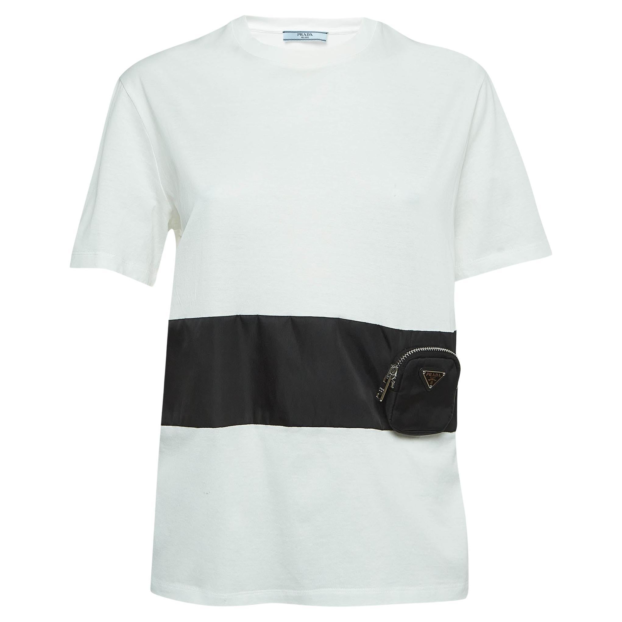 Prada White Cotton Knit Re-Nylon Pouch Docking T-Shirt L