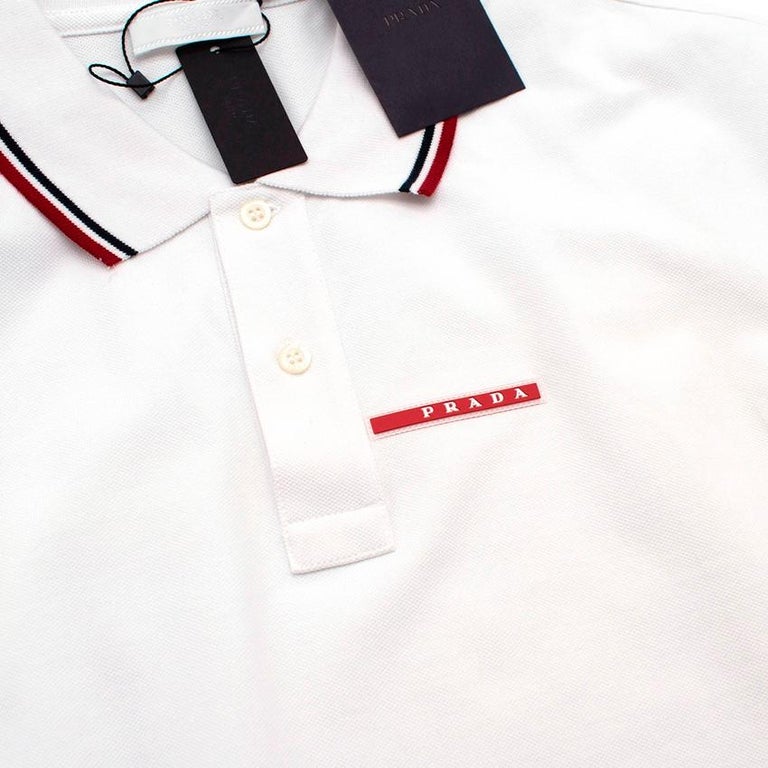 Prada White Cotton Pique Contrast Trim Polo Shirt For Sale 1