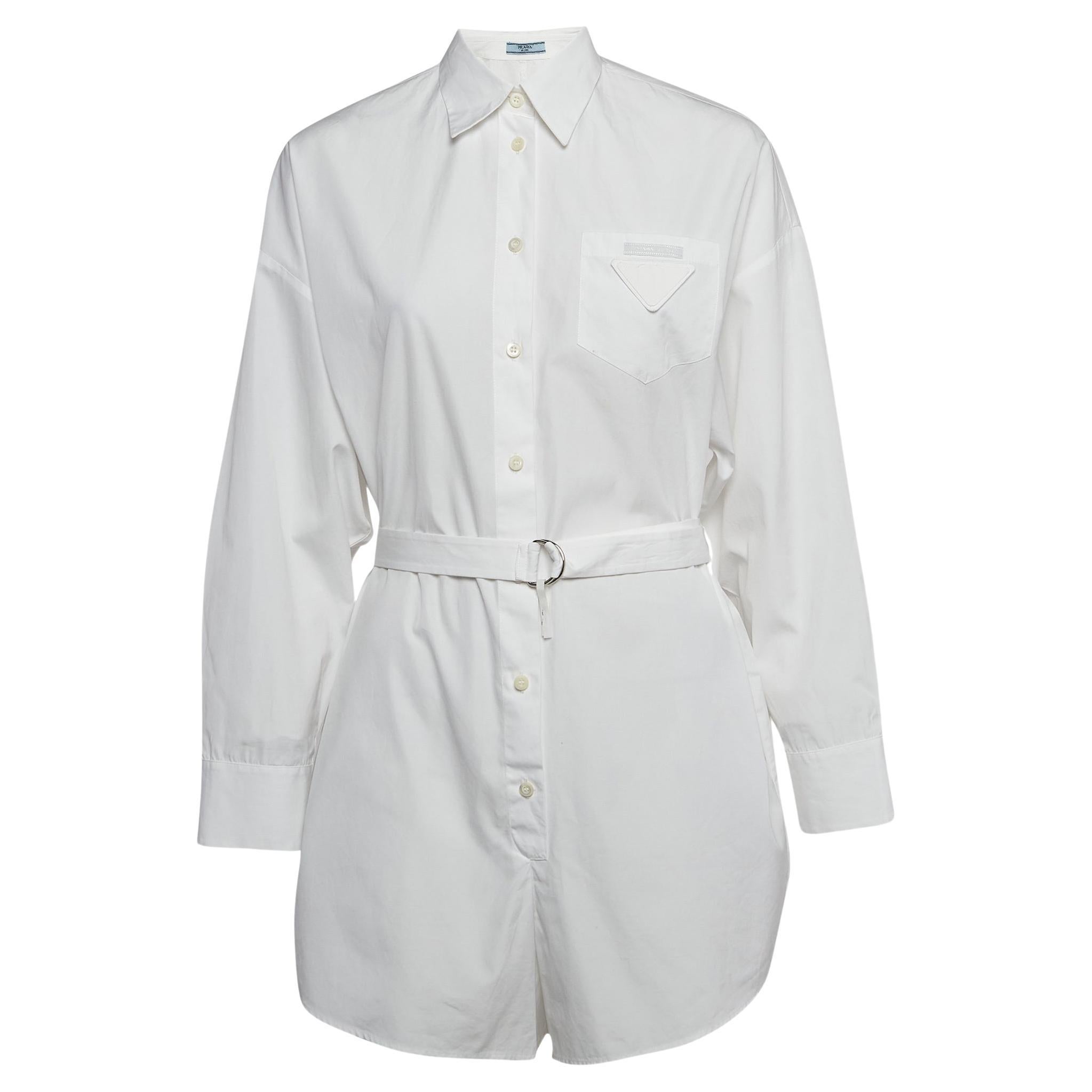 Combinaison chemise à ceinture Prada en popeline de coton blanc XS
