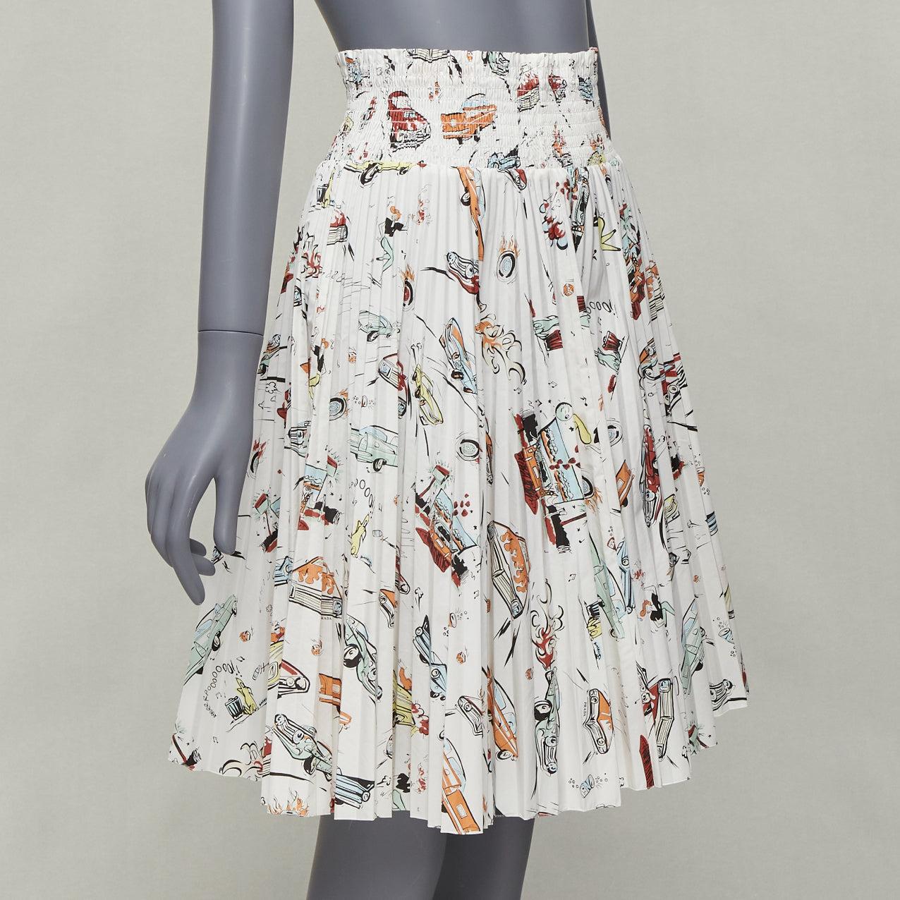 PRADA white cotton retro cartoon car print elasticated waistband skirt In Excellent Condition For Sale In Hong Kong, NT