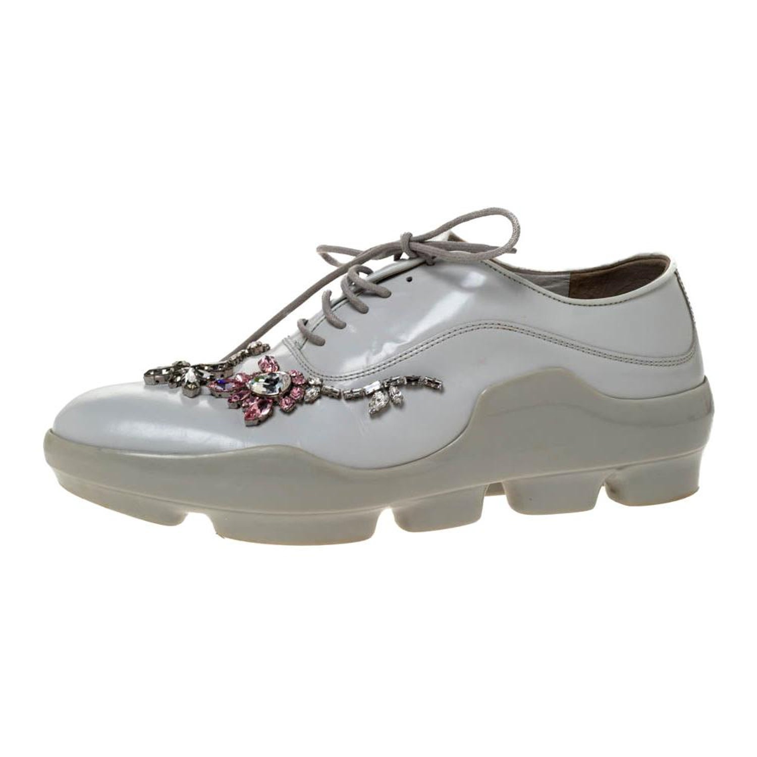 Prada White Crystal Embellished Leather Lace Up Sneakers Size 37.5 For Sale  at 1stDibs