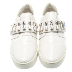 Prada White Crystal Embellished Leather Velcro Sneakers Size 40