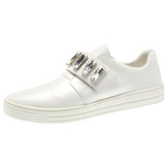 Prada White Crystal Embellished Leather Velcro Sneakers Size 40