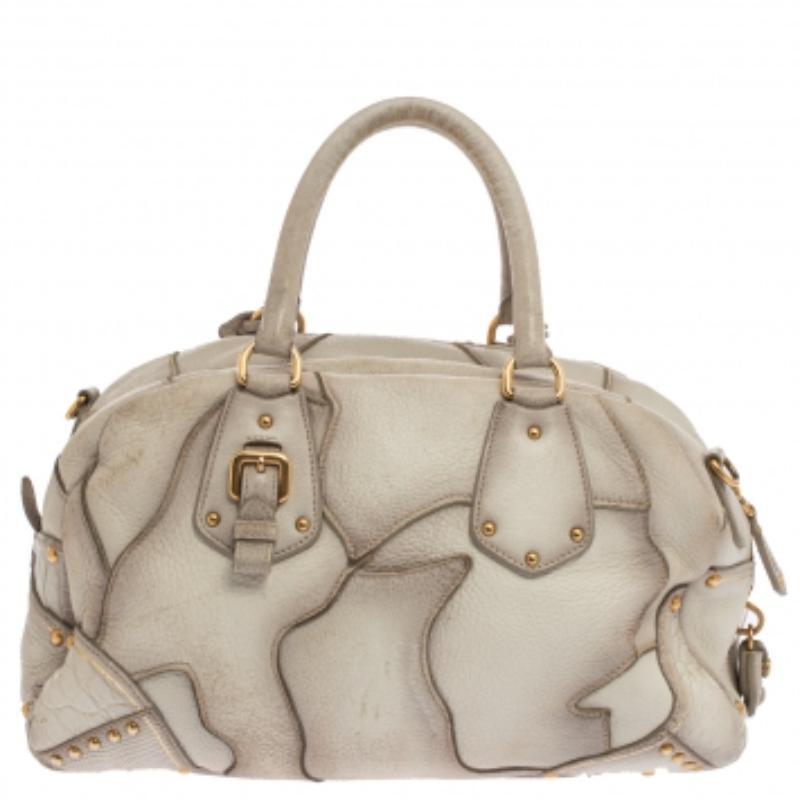 Women's Prada White Deerskin Leather, Croco and Lizard Trim Patchwork Cervo Bowler Bag For Sale