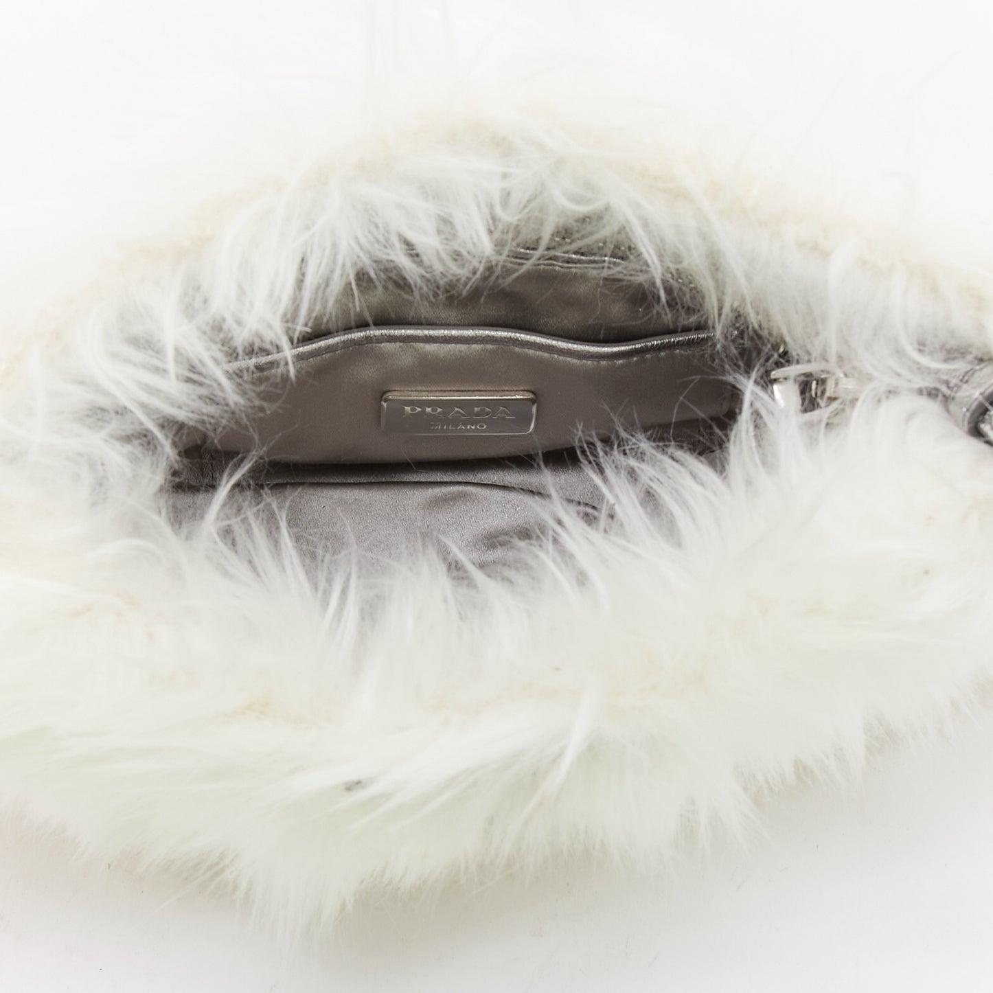 PRADA white faux fur silver triangle logo wristlet clutch bag im Angebot 5