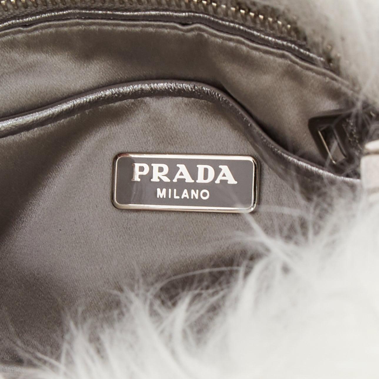 PRADA white faux fur silver triangle logo wristlet clutch bag im Angebot 6