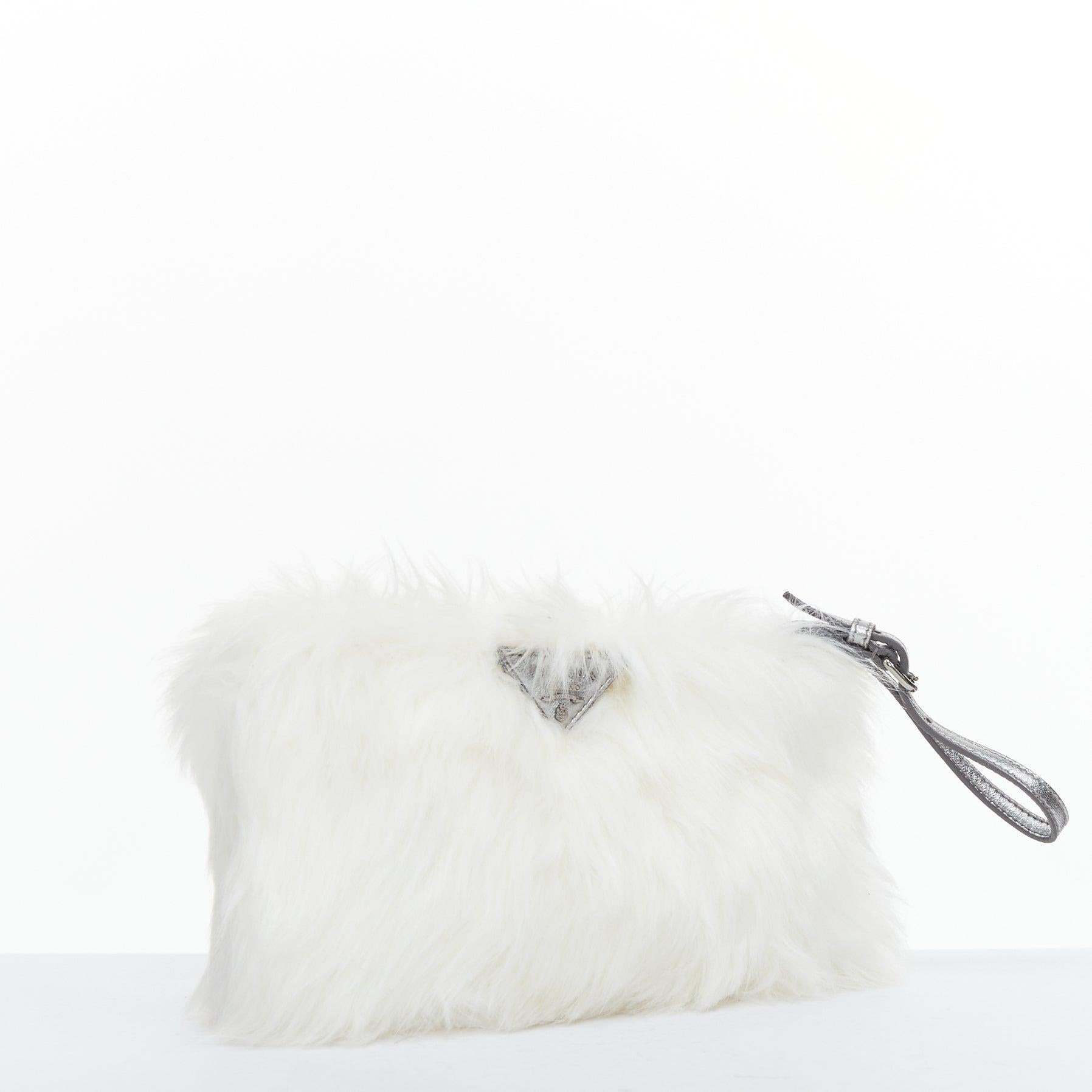 PRADA white faux fur silver triangle logo wristlet clutch bag (Grau) im Angebot