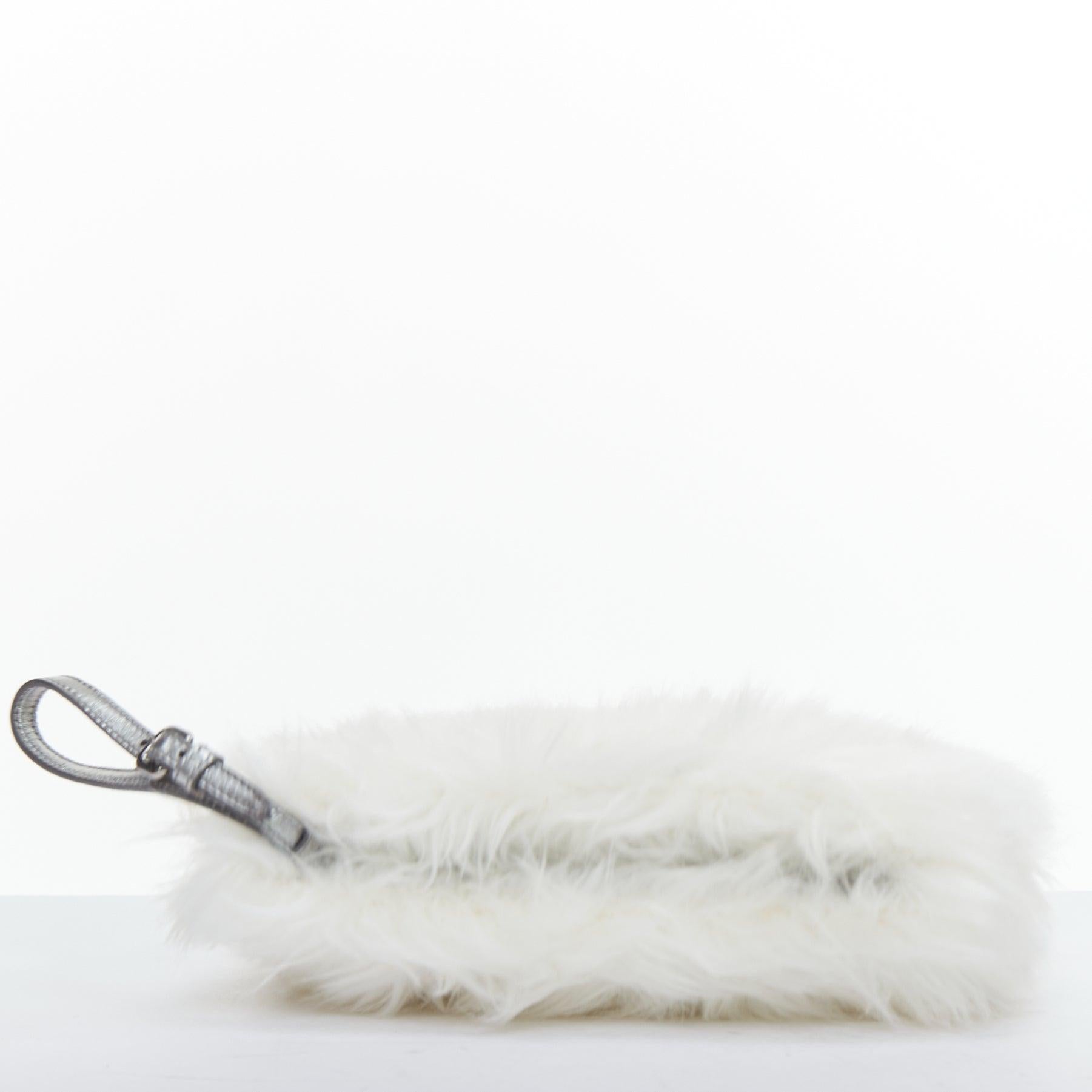 PRADA white faux fur silver triangle logo wristlet clutch bag Damen im Angebot