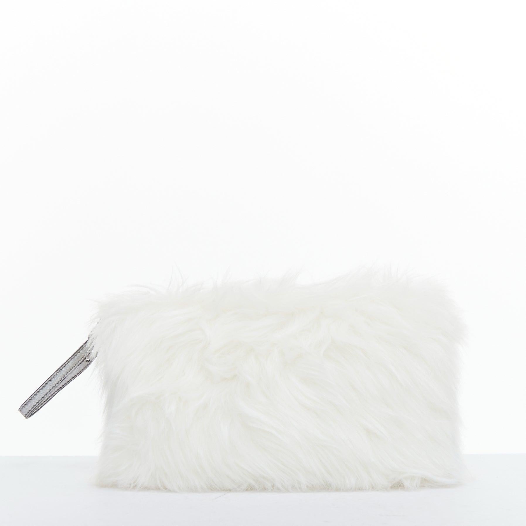 PRADA white faux fur silver triangle logo wristlet clutch bag im Angebot 1