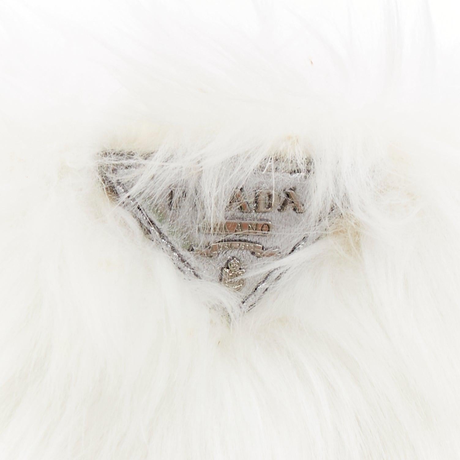 PRADA white faux fur silver triangle logo wristlet clutch bag im Angebot 3