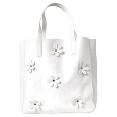 Prada White Floral Shopper Calfskin Leather Tote Bag