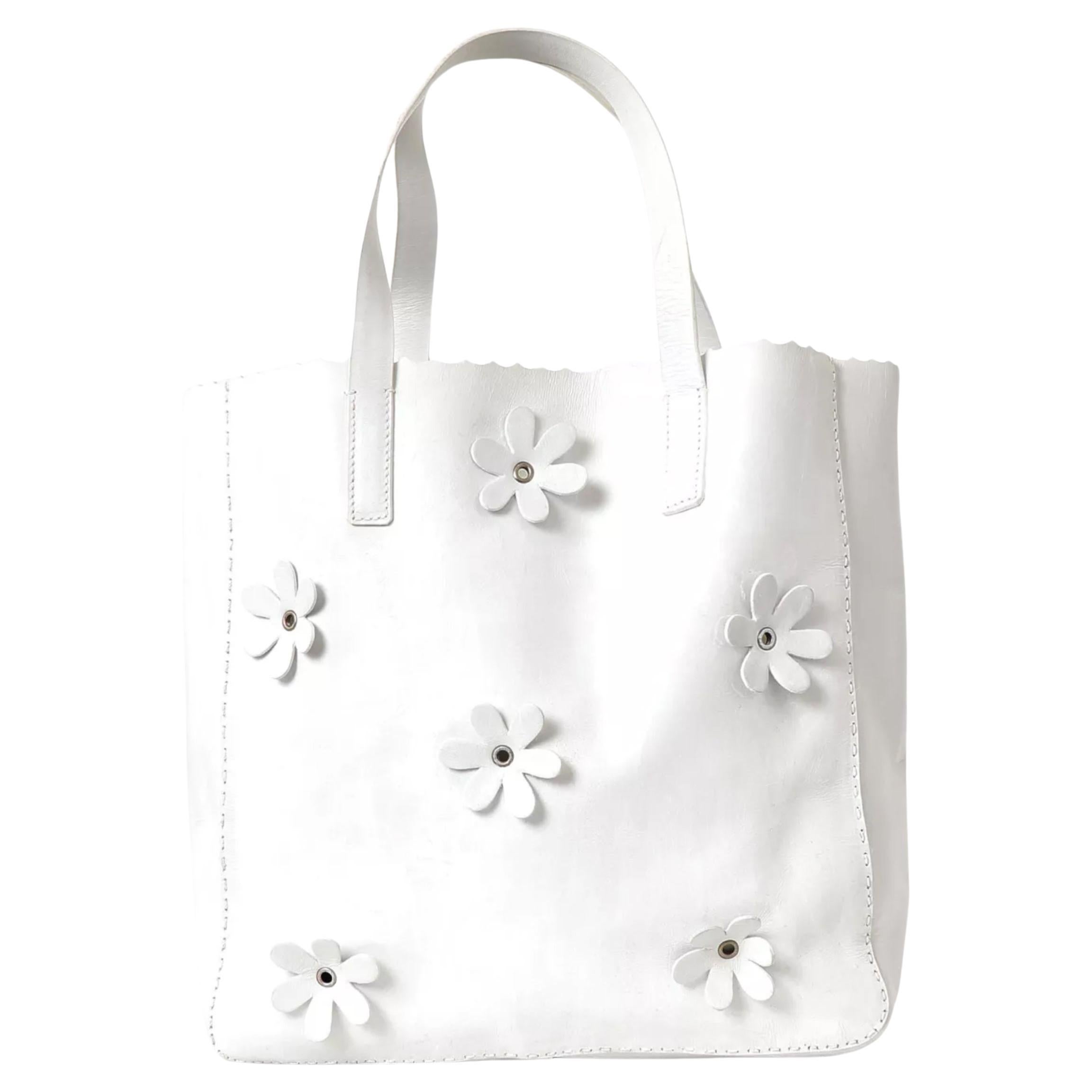 Prada White Floral Shopper Calfskin Leather Tote Bag en vente