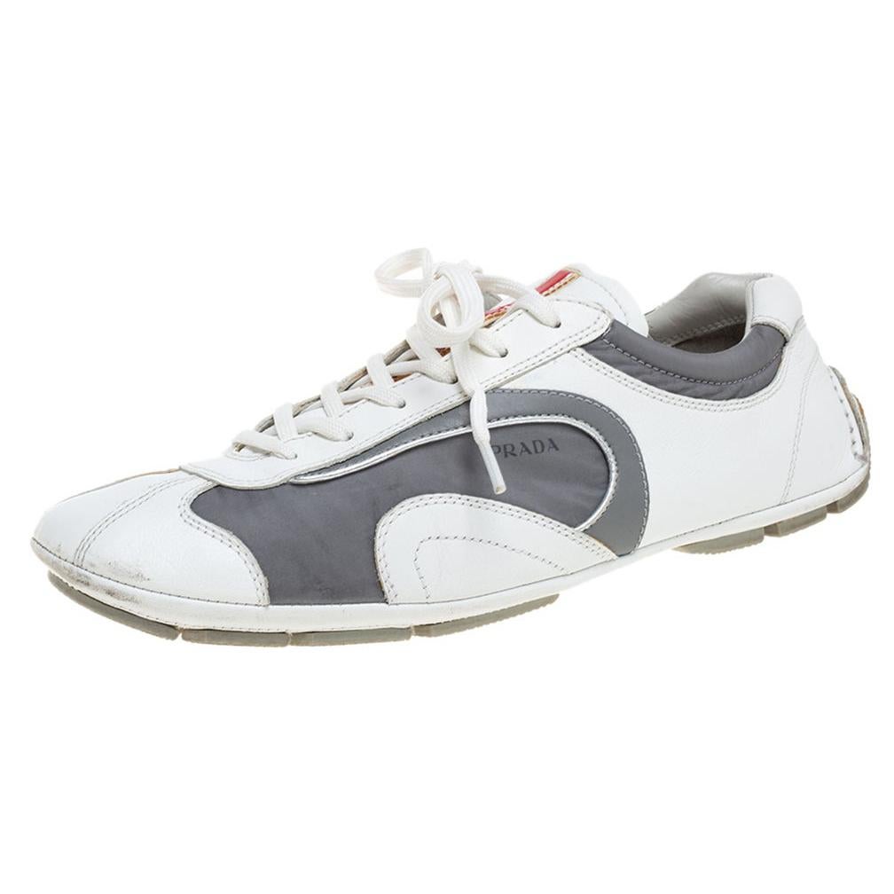 Prada White/Grey Leather and Nylon Low Top Sneakers Size 42 For Sale