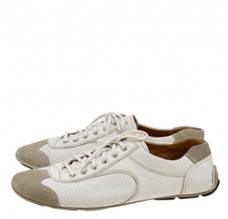 Gray Prada White/Grey Leather And Suede Perforated Low Top Sneakers Size 44.5 For Sale