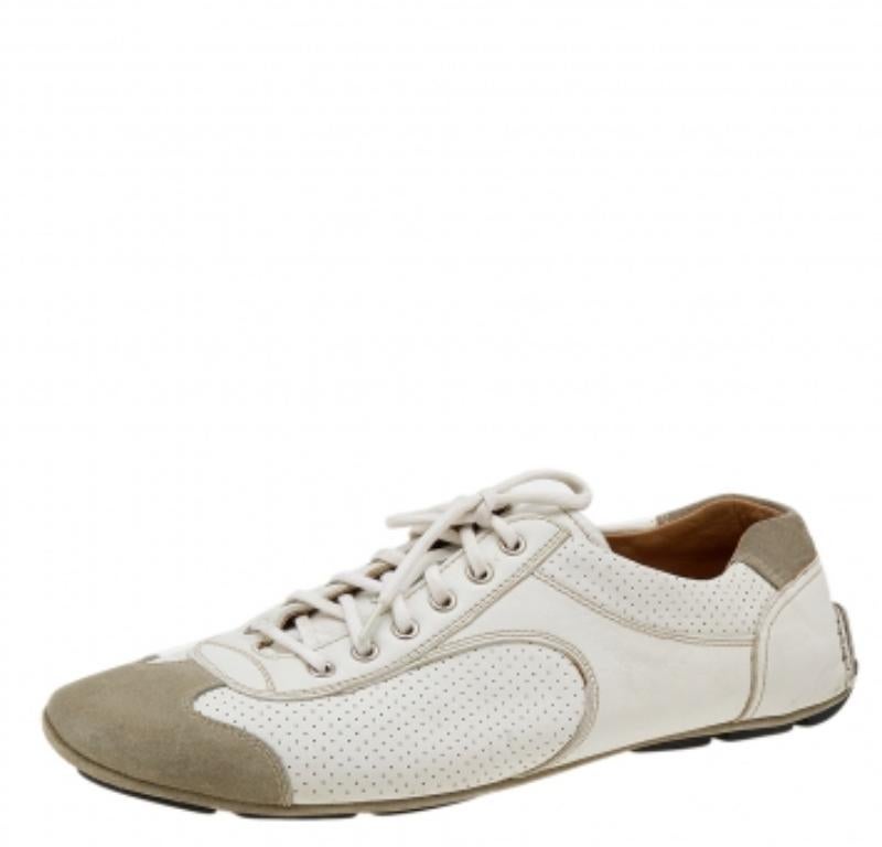 Men's Prada White/Grey Leather And Suede Perforated Low Top Sneakers Size 44.5 For Sale