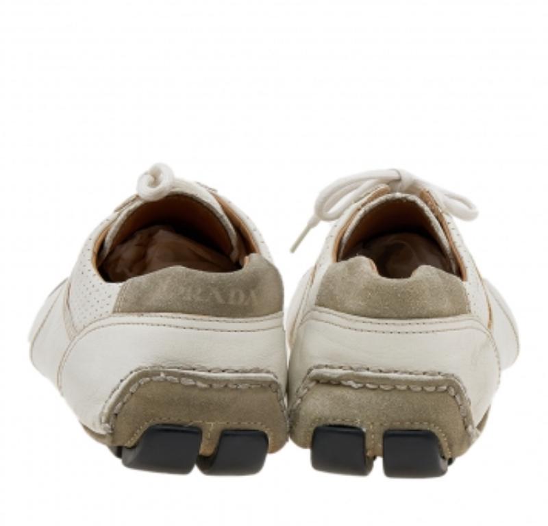 Prada White/Grey Leather And Suede Perforated Low Top Sneakers Size 44.5 For Sale 1