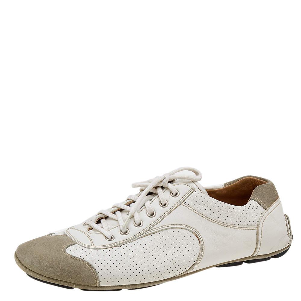 Prada White/Grey Leather And Suede Perforated Low Top Sneakers Size 44.5 For Sale 1