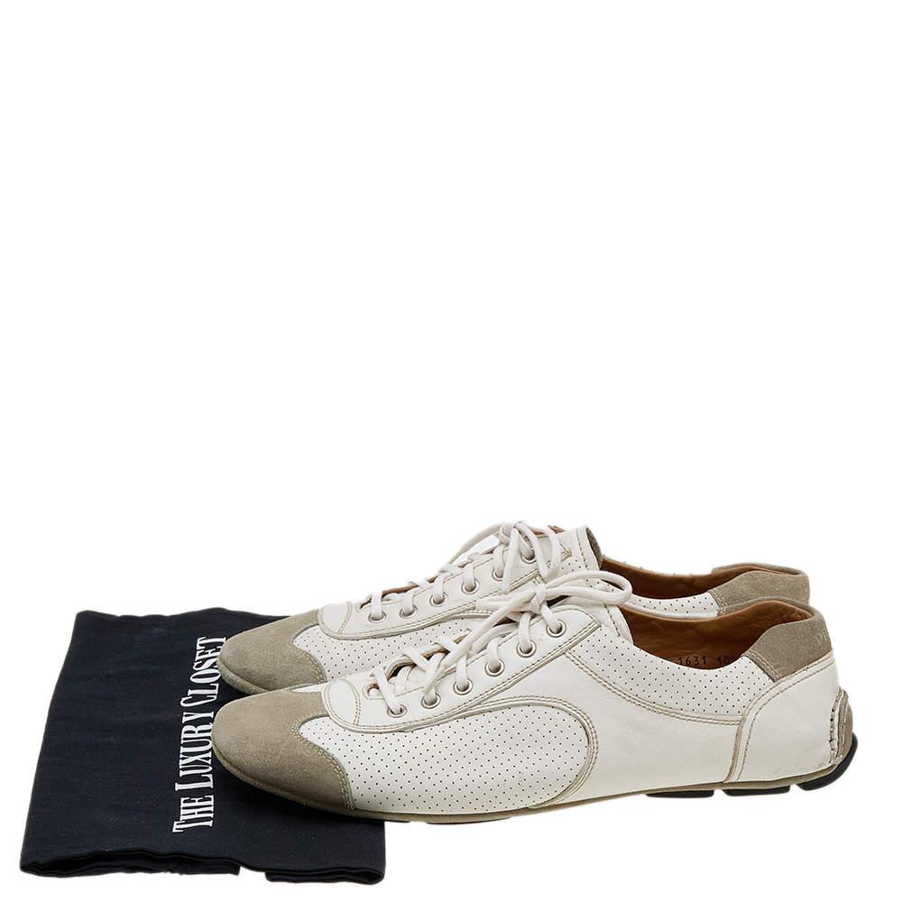 Prada White/Grey Leather And Suede Perforated Low Top Sneakers Size 44.5 For Sale 4