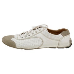 Prada White/Grey Leather And Suede Perforated Low Top Sneakers Size 44.5