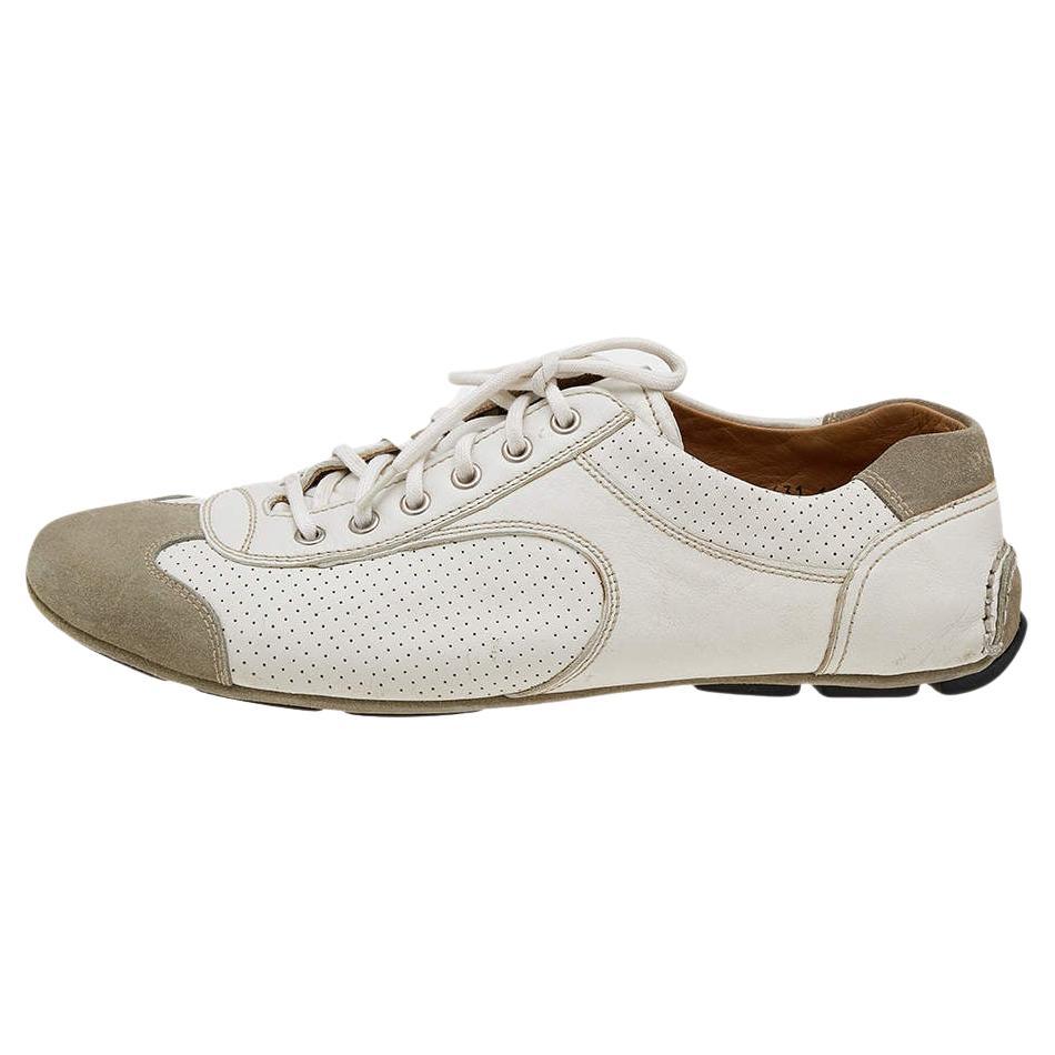 Prada White/Grey Leather And Suede Perforated Low Top Sneakers Size 44.5 For Sale