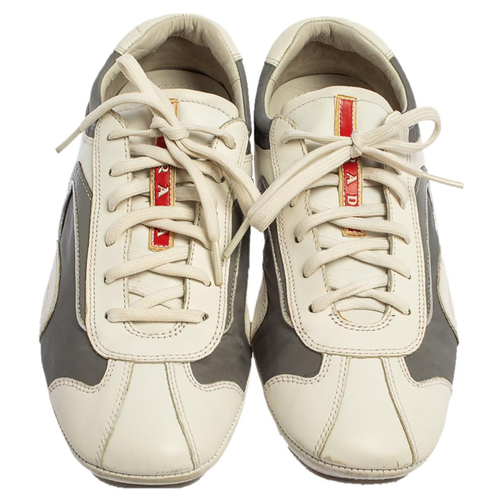 Prada Blanco/Gris Nylon Y Piel Zapatillas Bajas Talla 41.5 Beige