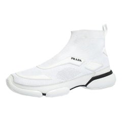 Prada White Knit Fabric And Rubber High Top Slip On Sneakers Size 41.5