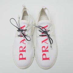 Prada White Knit Fabric Logo Embroidered Lace Up Sneakers Size 39