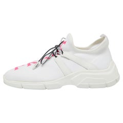 Prada White Knit Fabric Logo Embroidered Lace Up Sneakers Size 39