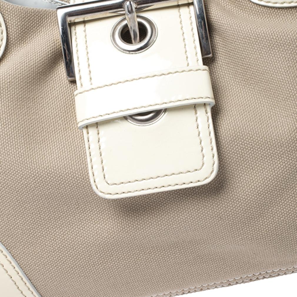 Prada White Leather and Canvas Shoulder Bag 5