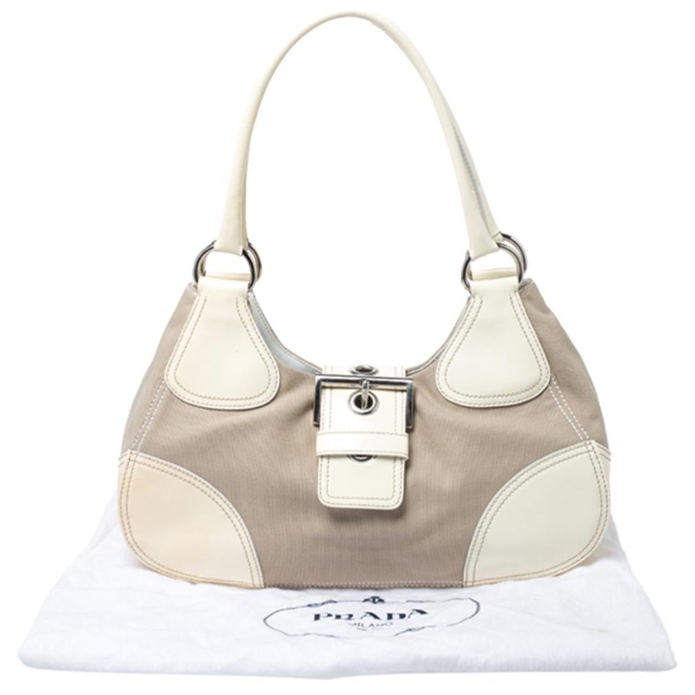 Prada White Leather and Canvas Shoulder Bag 7