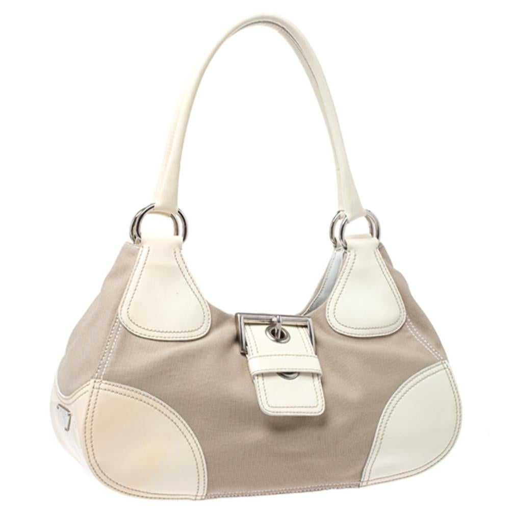 Prada White Leather and Canvas Shoulder Bag In Excellent Condition In Dubai, Al Qouz 2