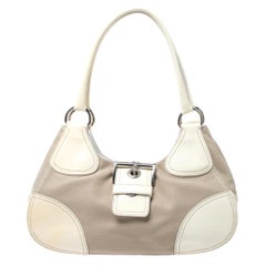Prada White Leather and Canvas Shoulder Bag