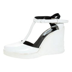 Prada White Leather Ankle Strap Platform Wedge Sandals Size 40