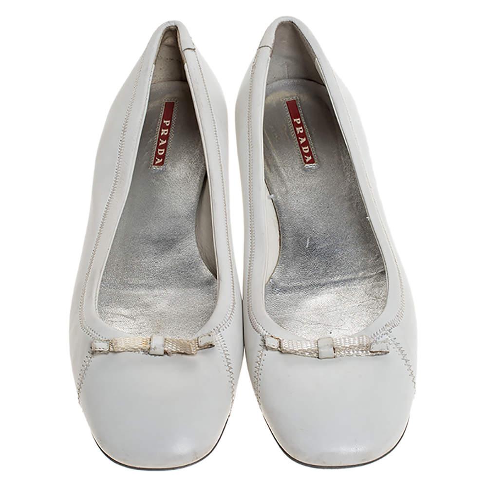 Gray Prada White Leather Bow Ballet Flats Size 39