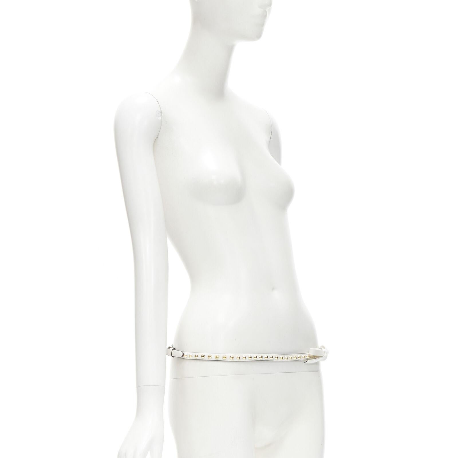 Beige PRADA white leather bow gold punk stud skinny belt 1CC338 80cm 32