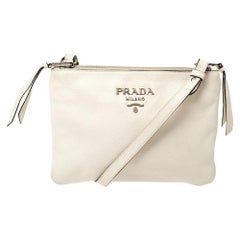 Prada White Leather Double Zip Crossbody Bag
