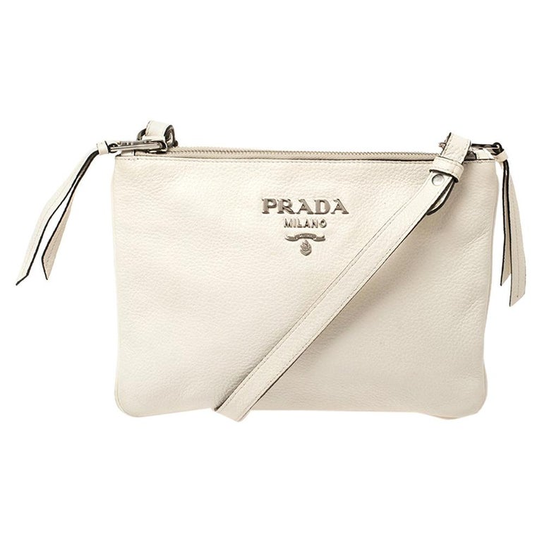 Prada White Leather Double Zip Crossbody Bag at 1stDibs