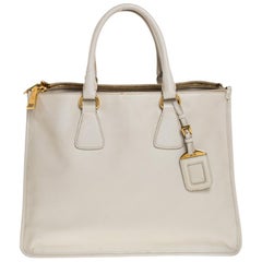 Prada White Leather Double Zip Tote