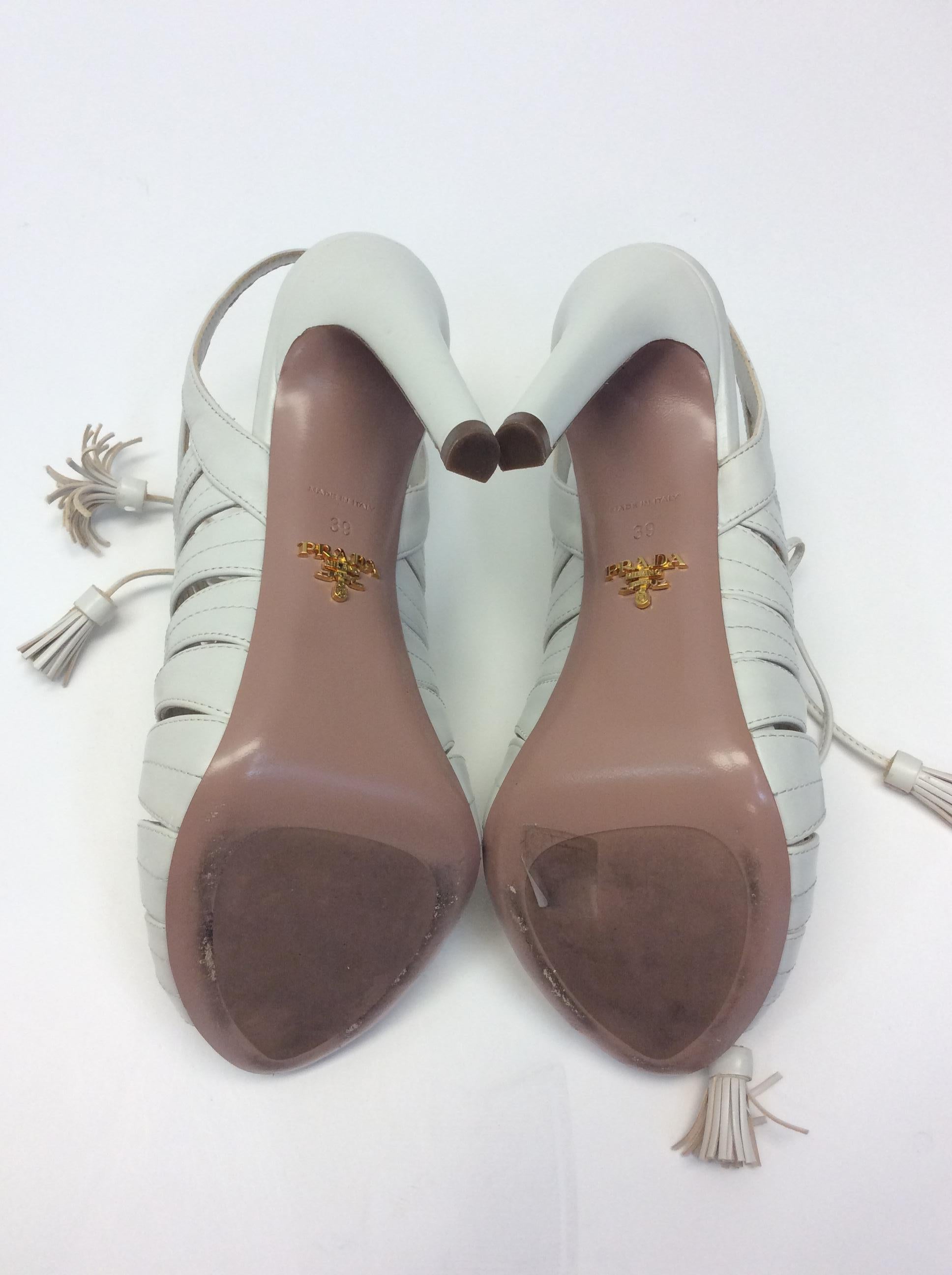 Prada White Leather Heeled Sandal For Sale 2